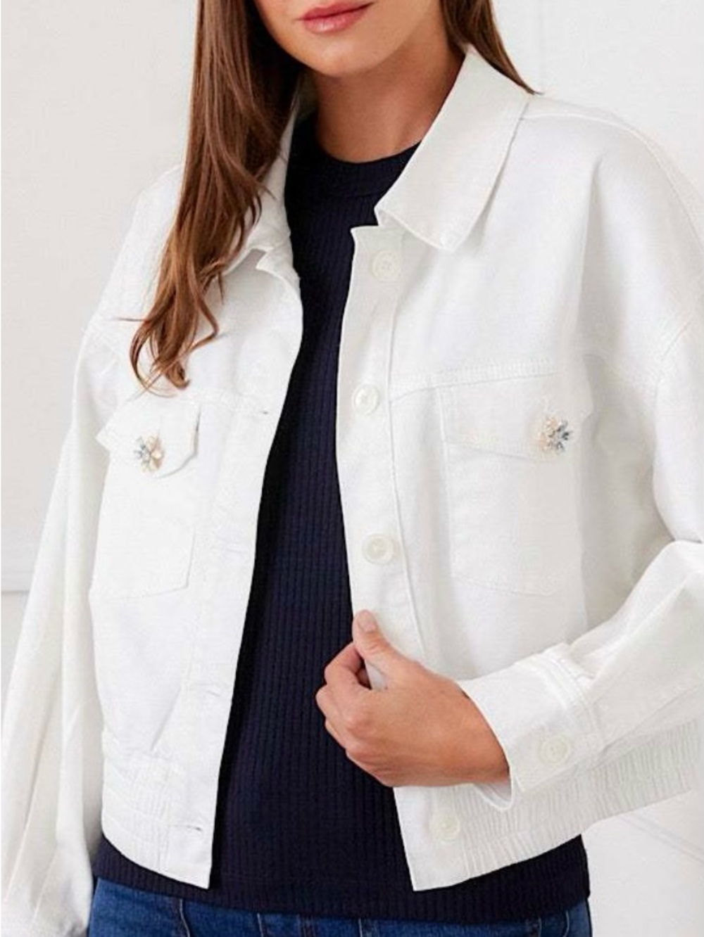 Karen Kane White Cropped Button-Front Jean Jacket